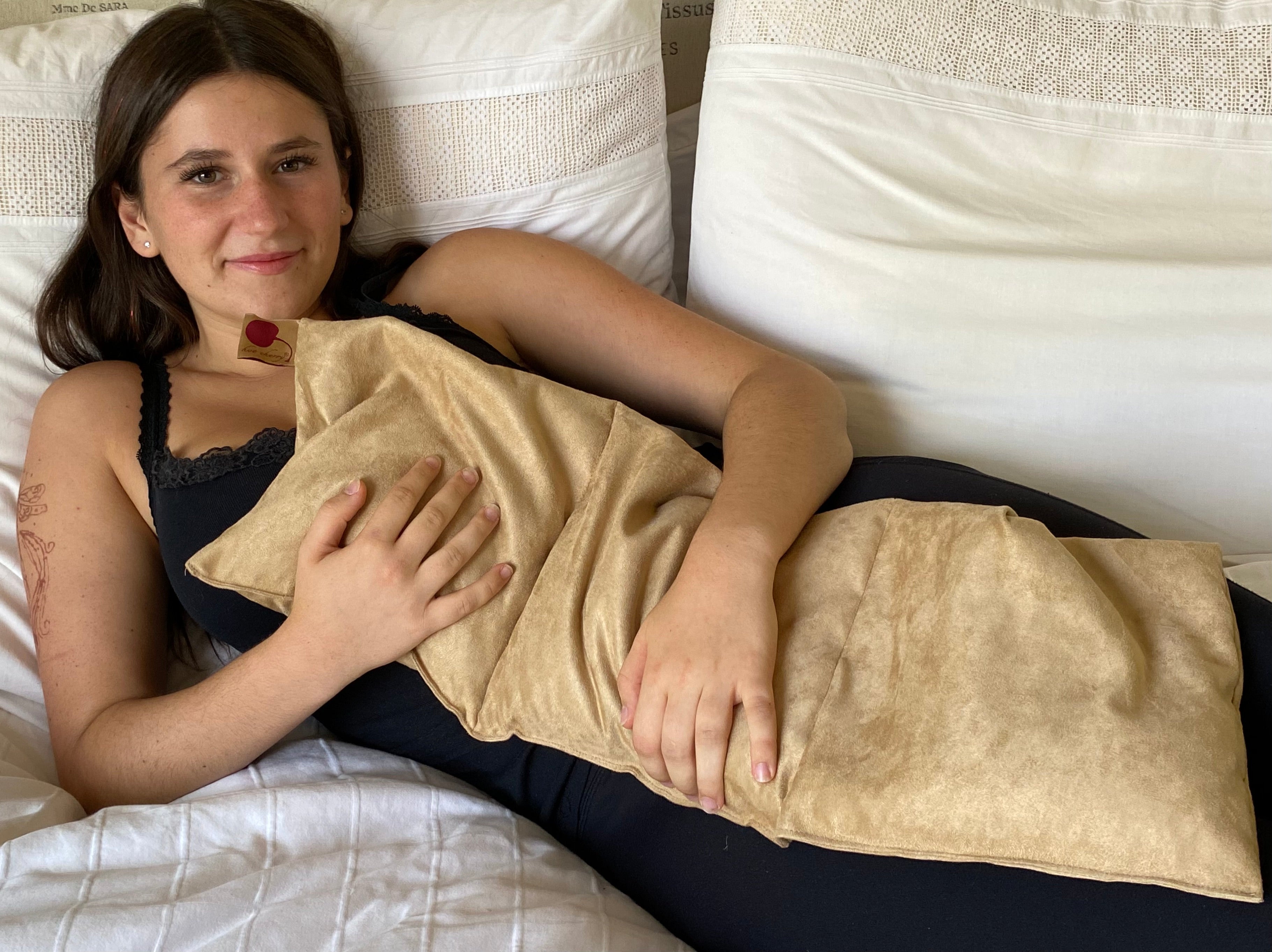 Triple Square Cherry Stone Pillow in Tan Ultra-Suede-4