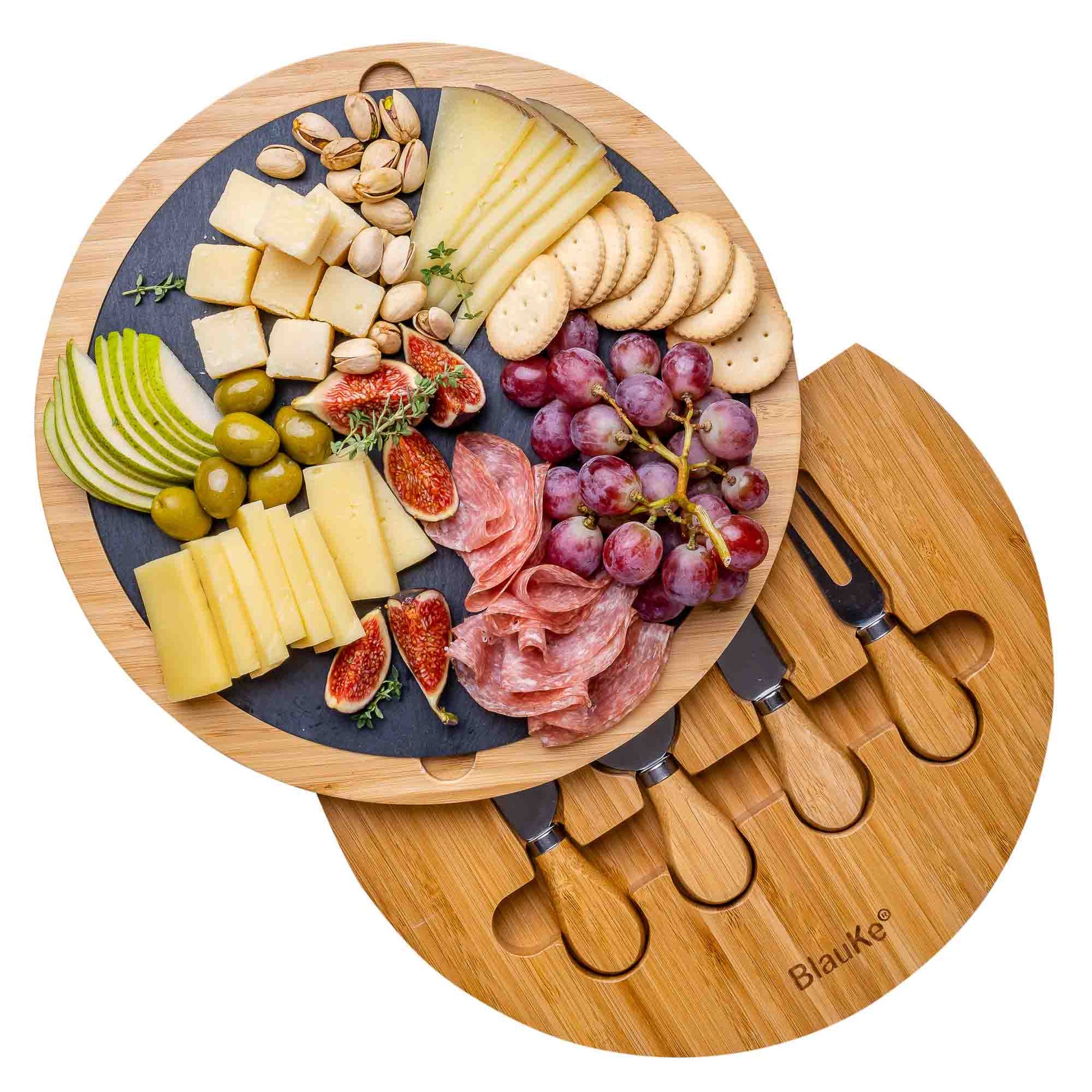 Round Bamboo Cheese Board with Knife Set and Removable Slate - 12 inch Swiveling Charcuterie Board-0