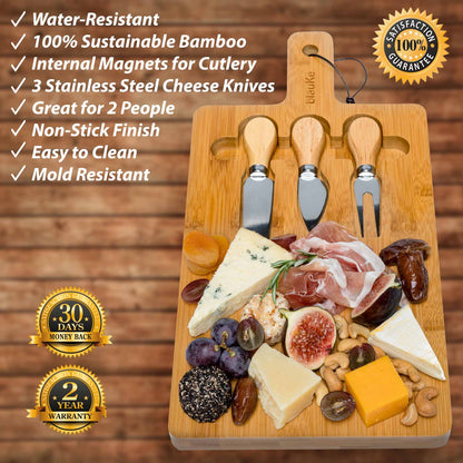 Bamboo Cheese Board and Knife Set - 12x8 inch Charcuterie Board with Magnetic Cutlery Storage - Wood Serving Tray with Handle-1