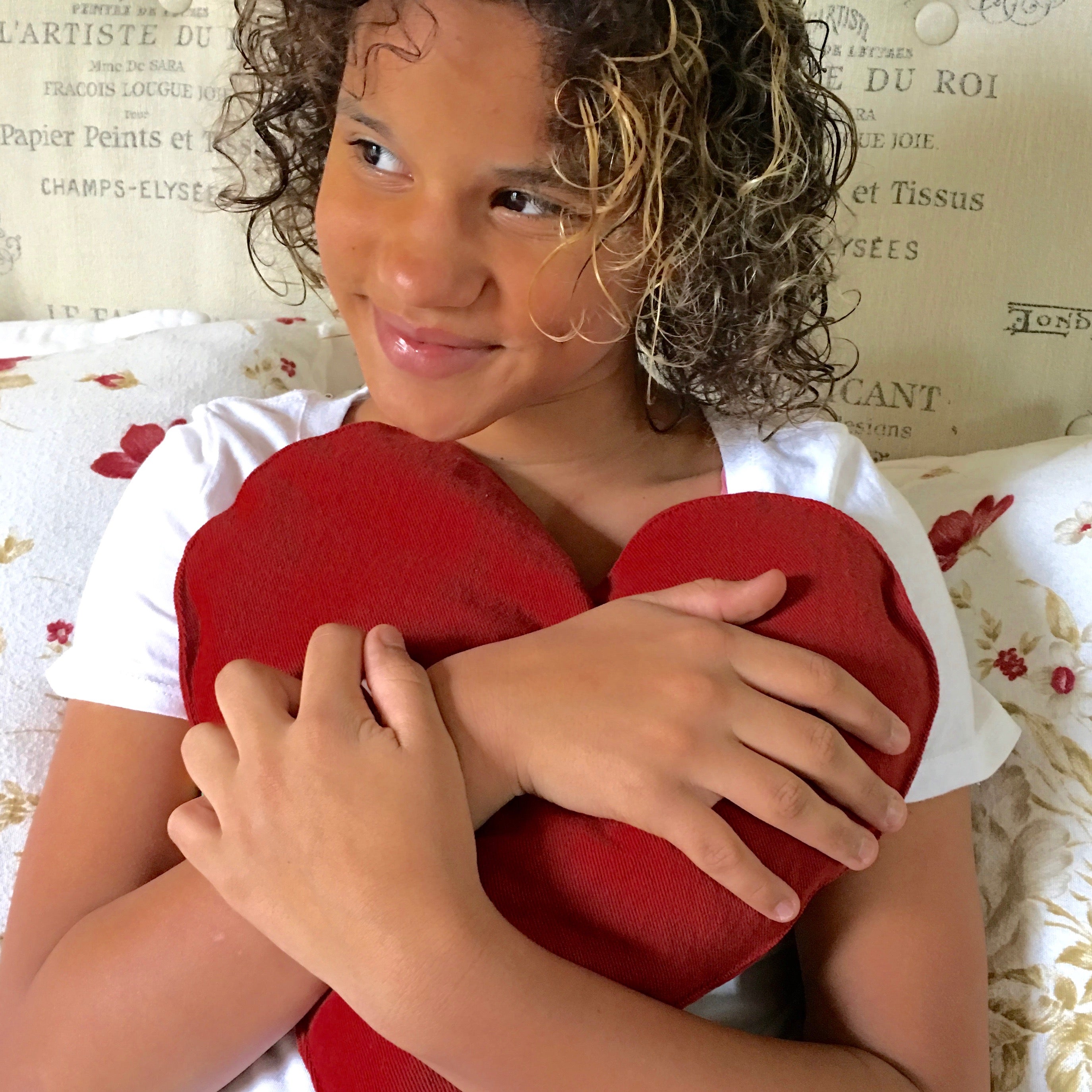 Heart-Shaped Hot Cherry Pillow in Red Denim-1