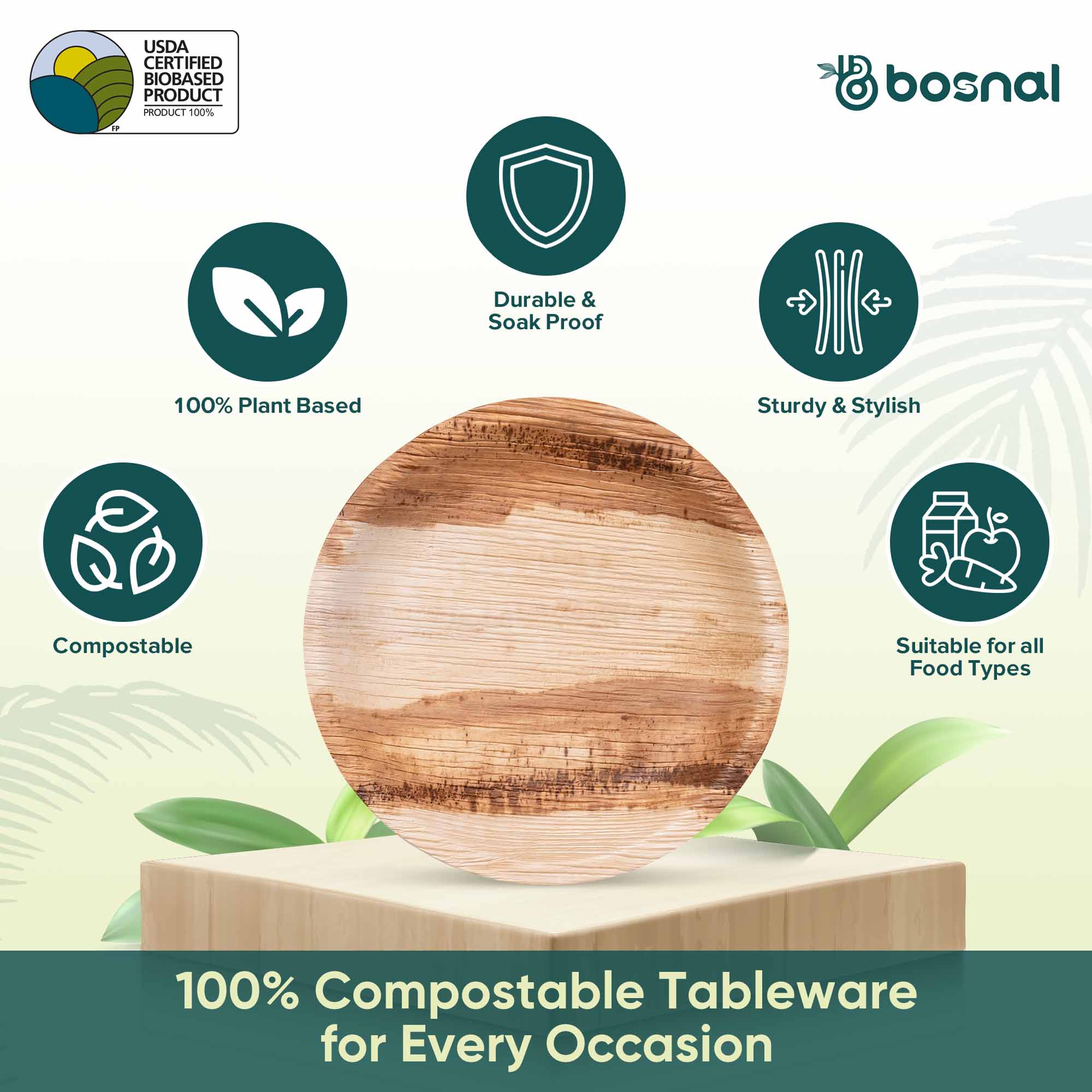 Bosnal - Palm Leaf Biodegradable Plates, 6 inch, Round-1
