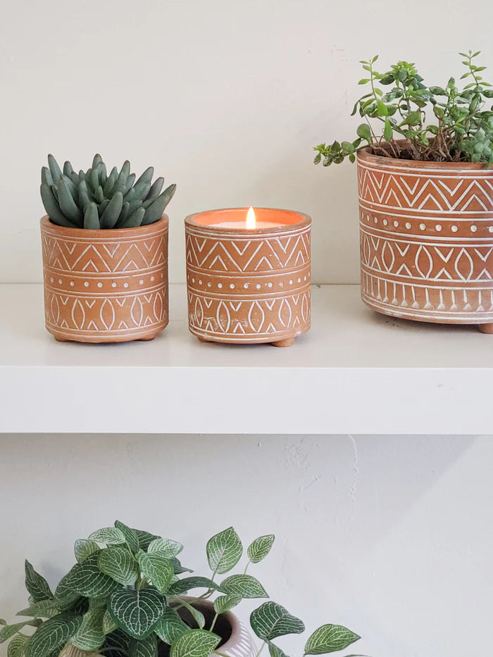 Hand Etched Terracotta Pot Garden- Pot Candle