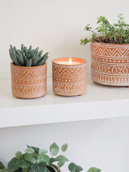 Hand Etched Terracotta Pot Garden- Pot Candle