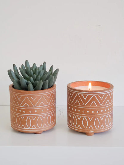 Hand Etched Terracotta Pot Garden- Pot Candle